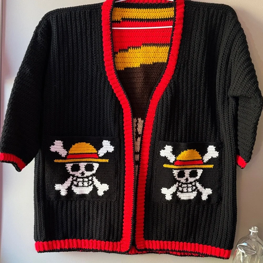 Luffy cardigan Black and Red Graphic crochet 🧶 size XL - Picture 10 of 11